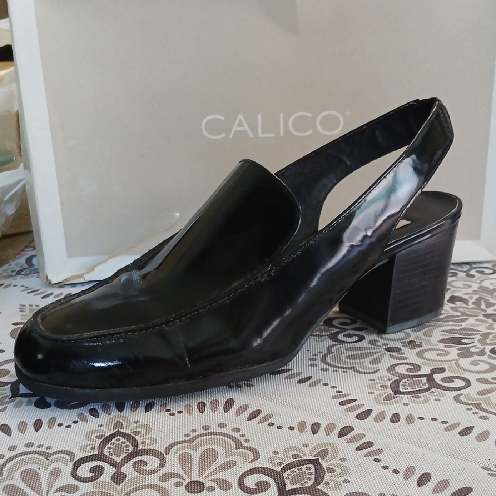 Vintage Calico Women's Patten Black Leather Slingback Chunky Heels 8 Narrow